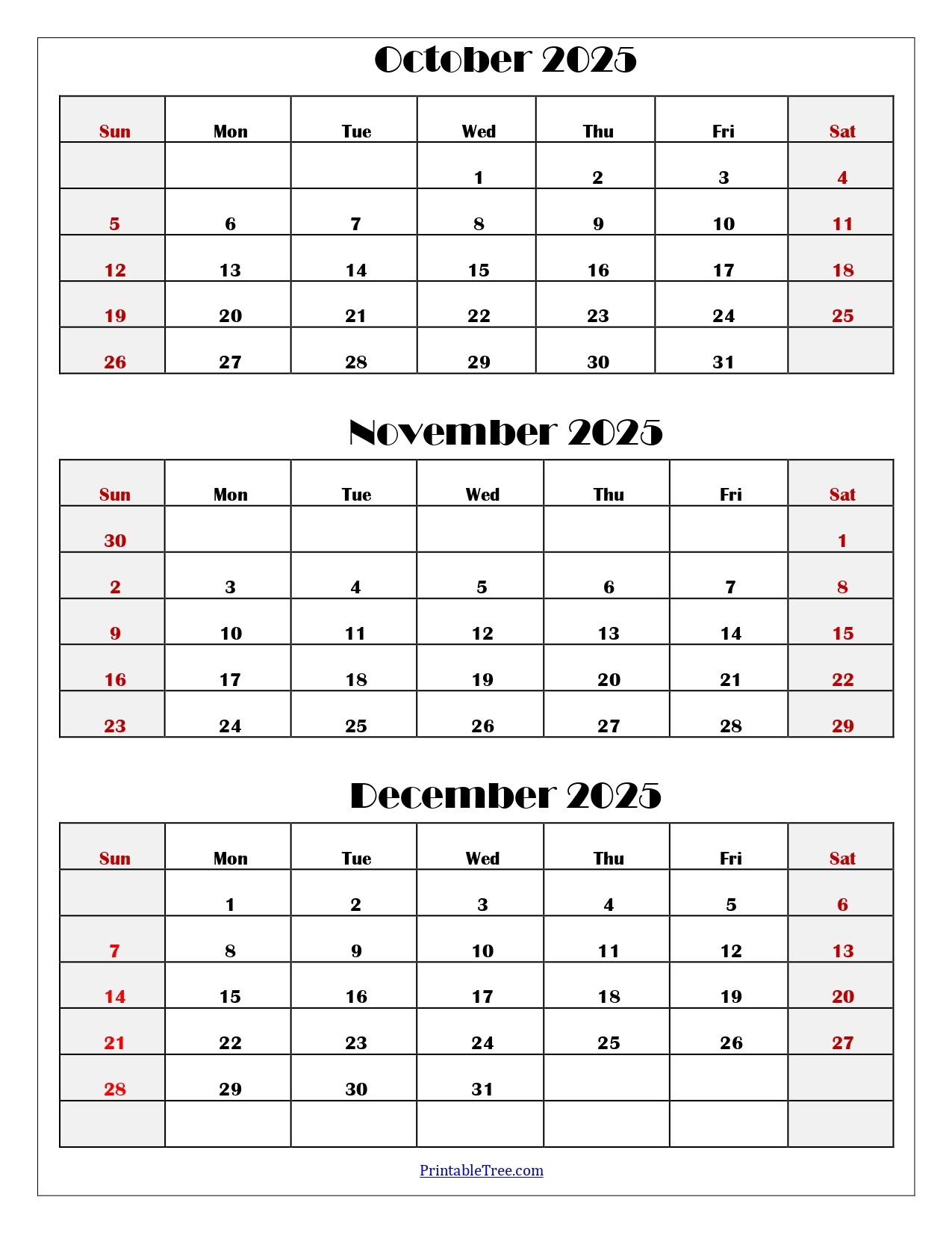 Calendar Free Printable October December 2025 Bills
