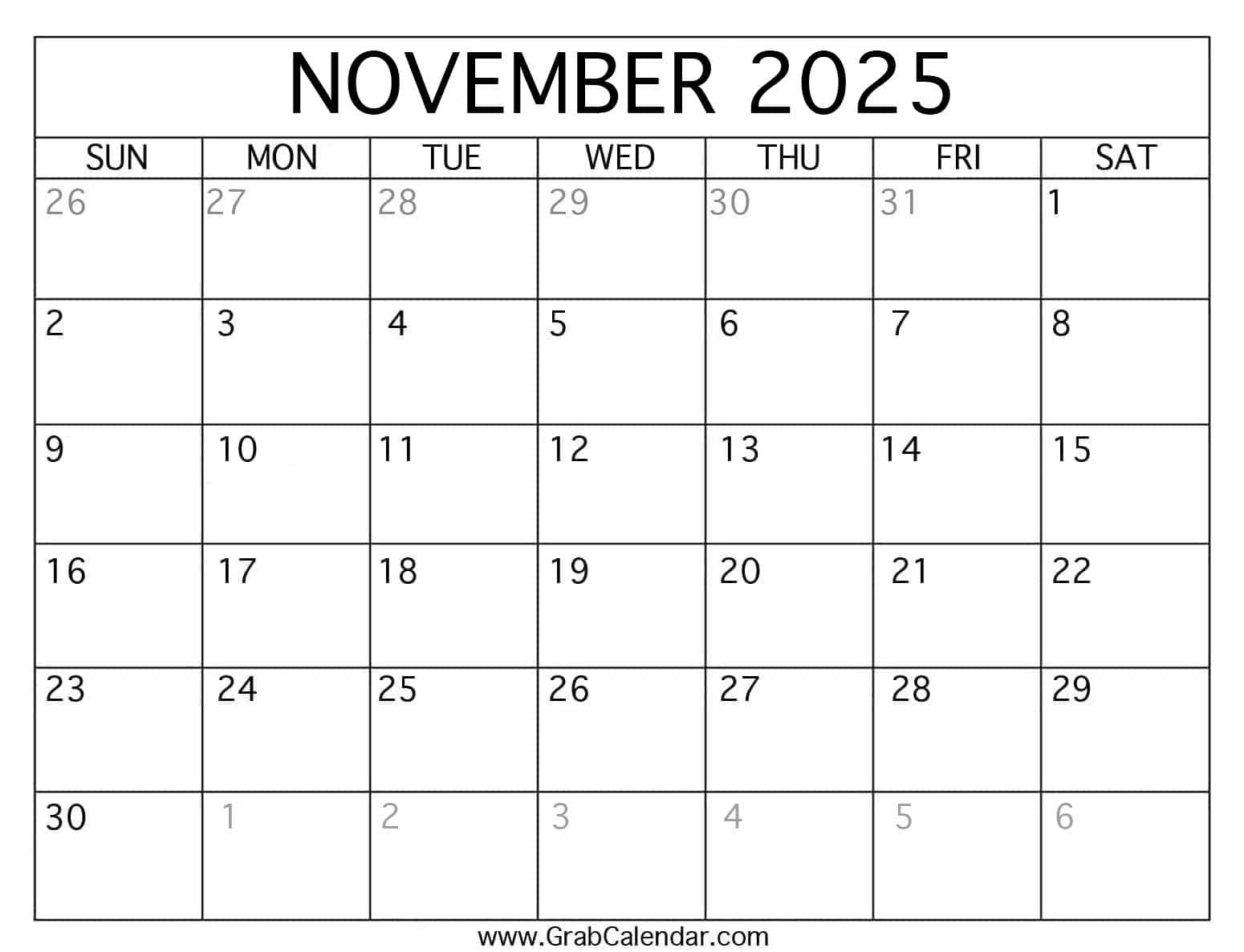 Printable November 2025 Calendar