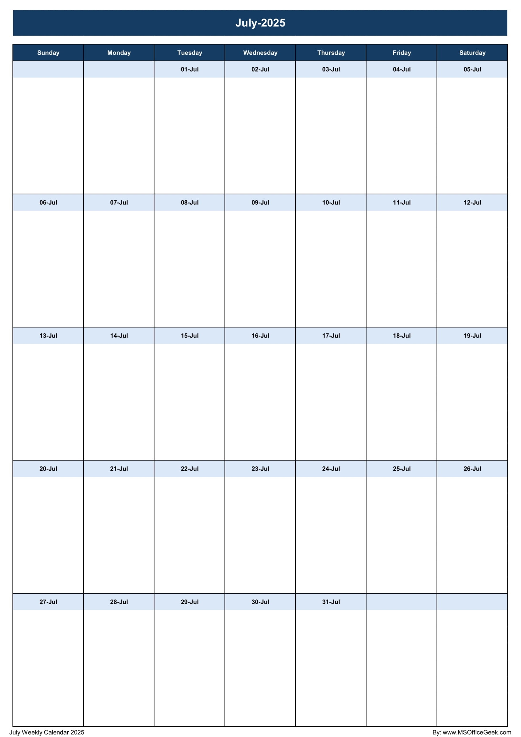 July 2025 Weekly Calendar Printable