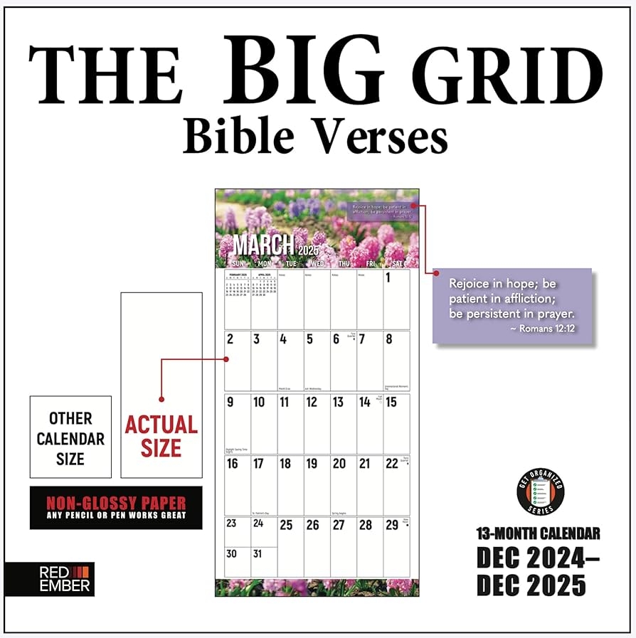 RED EMBER The Big Grid Bible Verses 2025 Wall Calendar 12 Month 12