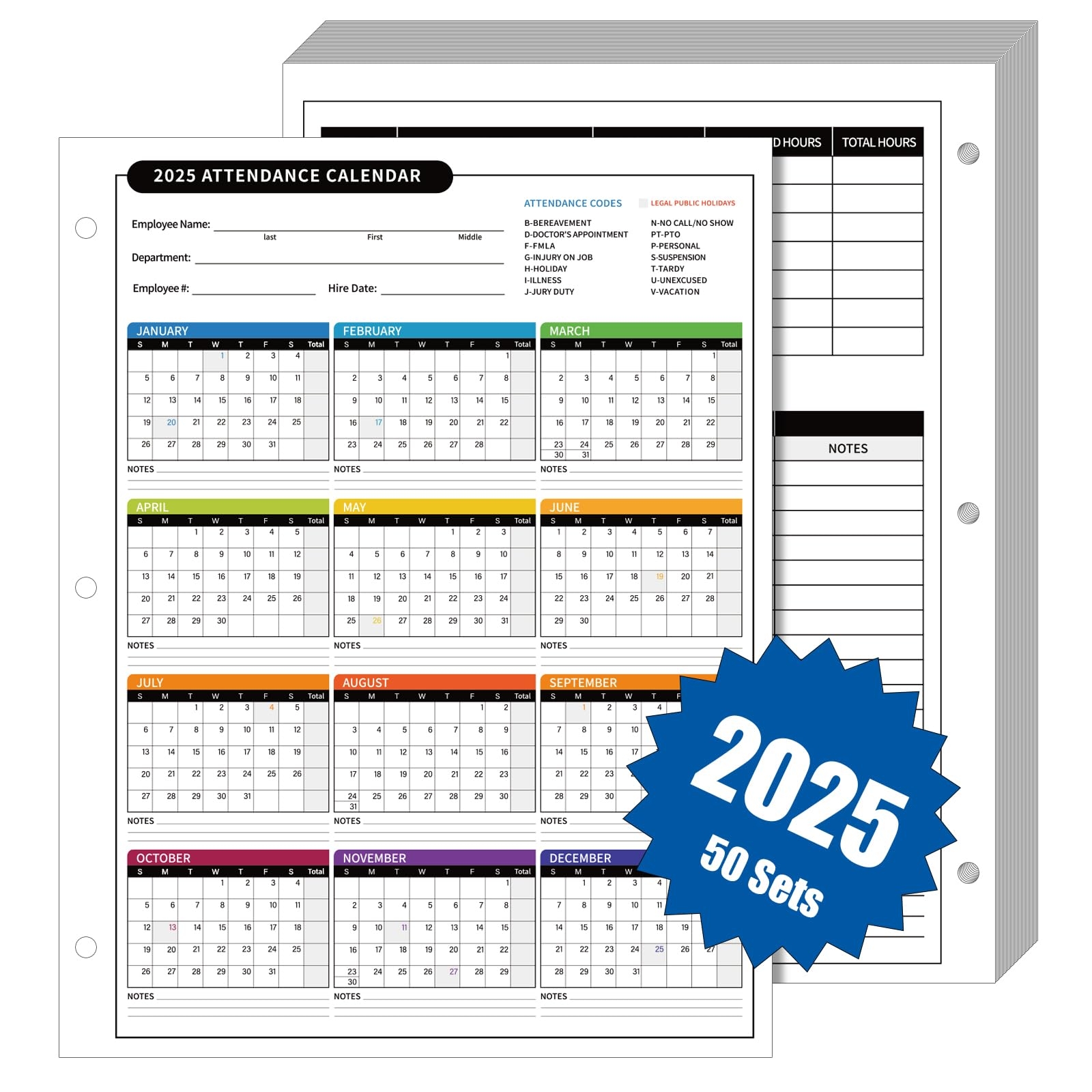 ReliThick 50 PCS 2025 Attendance Calendar Card Stock Paper 2025 Attendance Sheets For 3 Hole Binder Employee Record Folders For Manager HR Store 