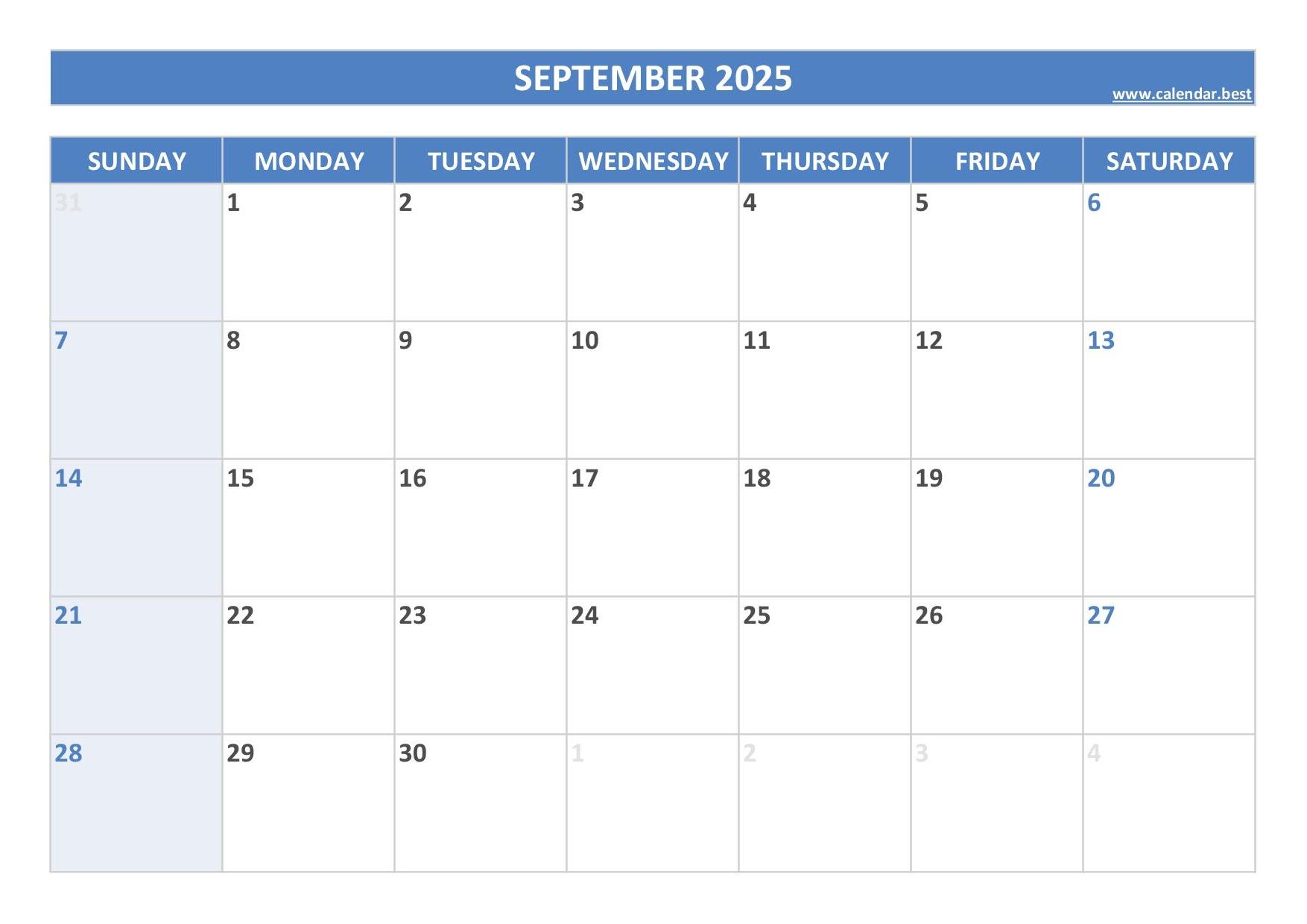 Blank Monthly Calendar September 2025