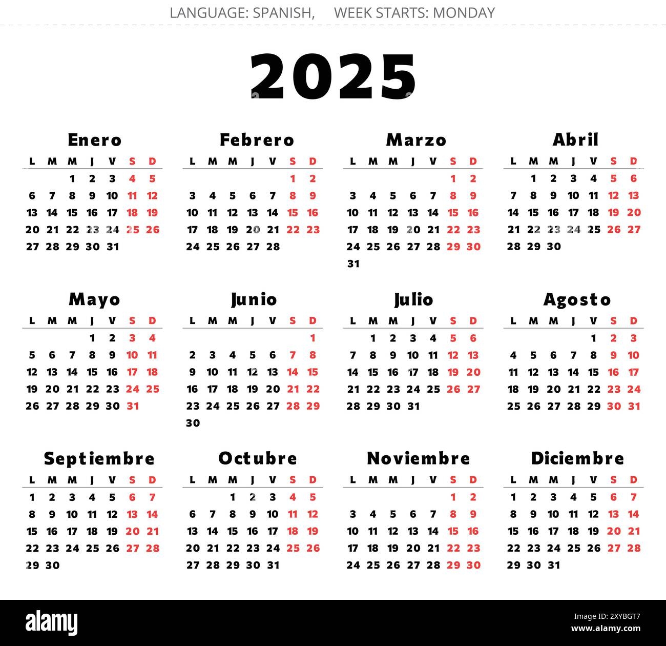Spanish 2025 Year Calendar Printable Vector Black And Red Colors 