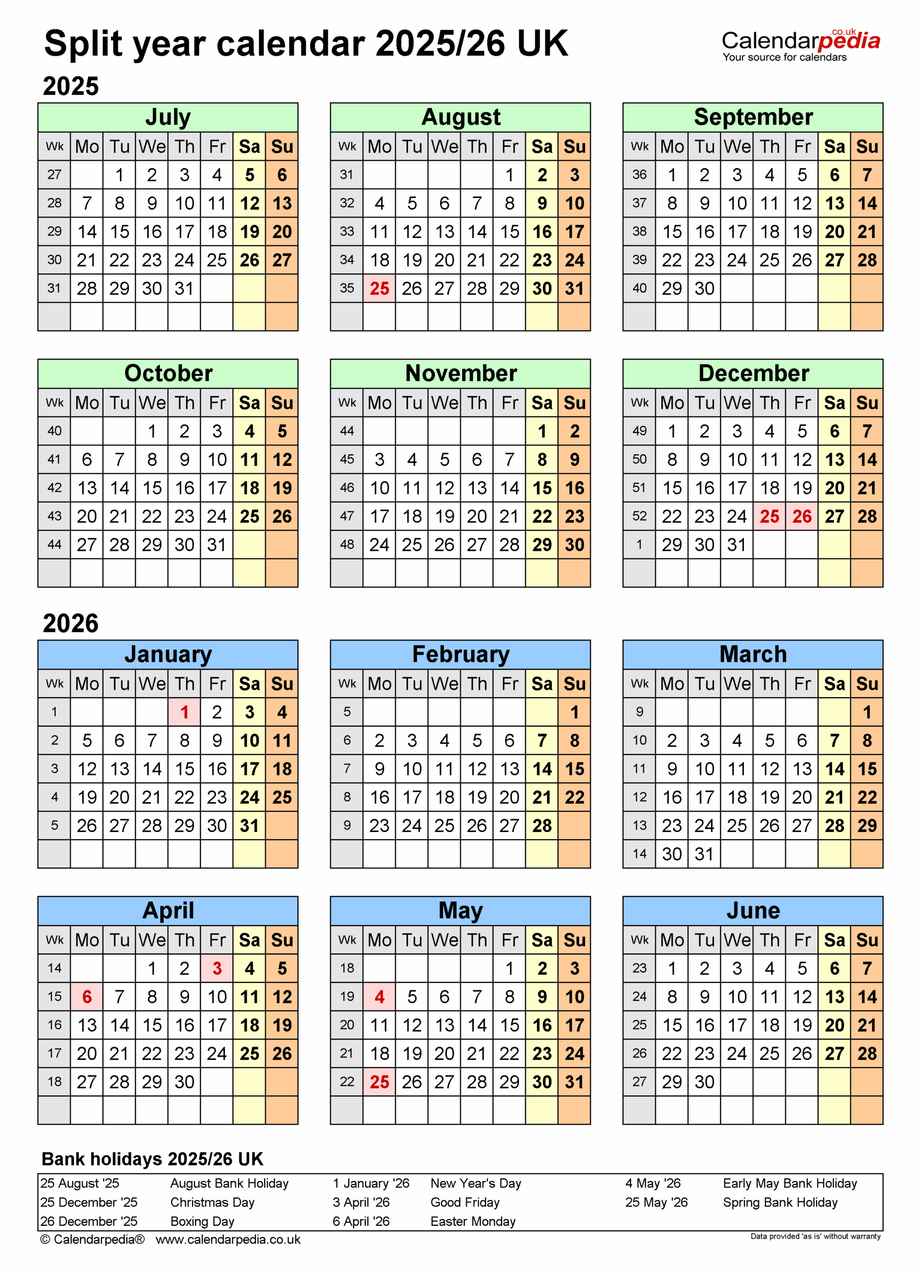 Split Year Calendars 2025 26 UK July To June For PDF