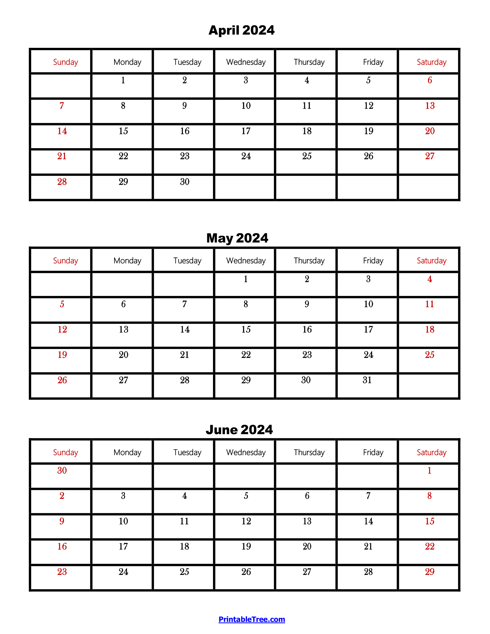 Free Printable 3 Month Calendar April May June 2026