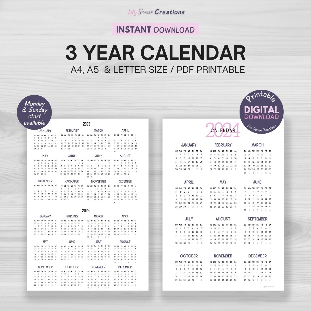 Three Year Calendar Printable 3 Year Calendar 2024 Calendar On One Page Instant Download 2025 Calendar Sunday U0026 Monday Start Etsy