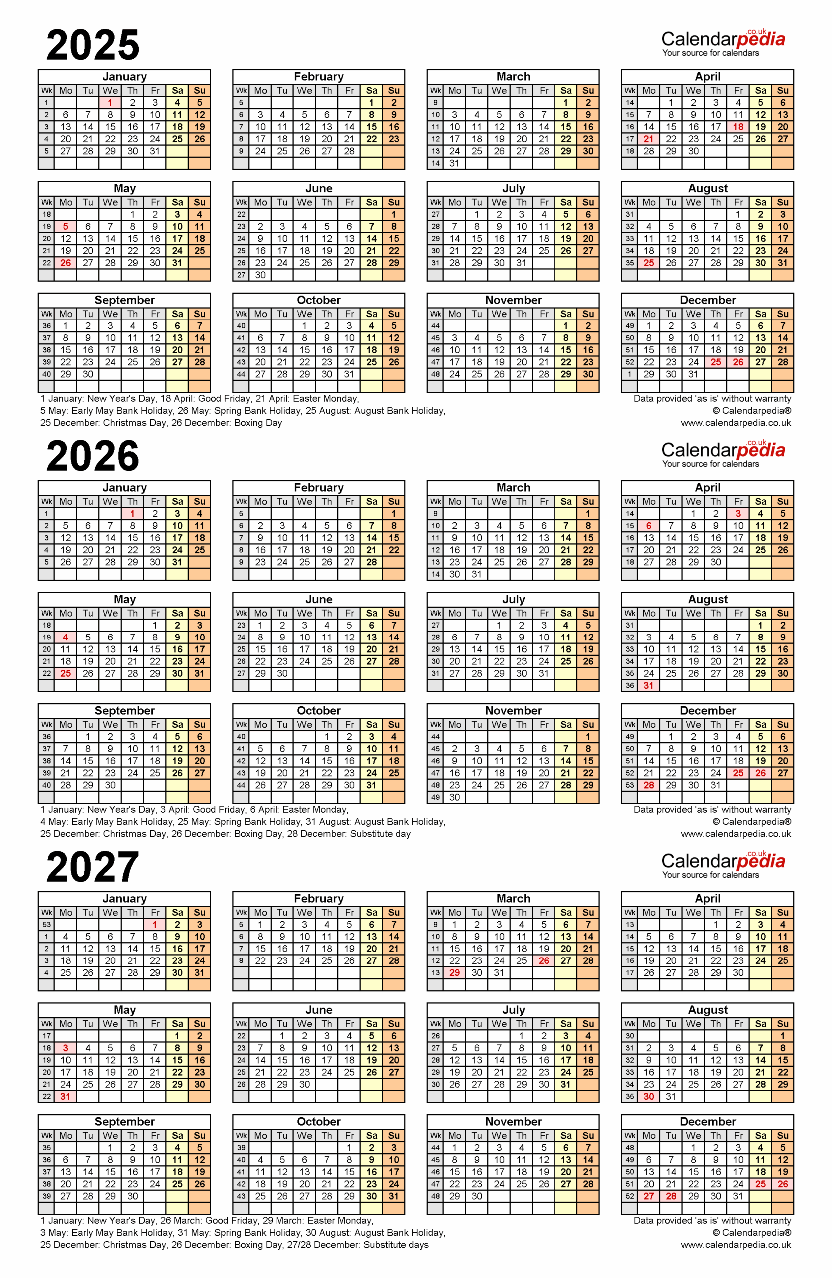 Three Year Calendars For 2025 2026 And 2027 UK For PDF