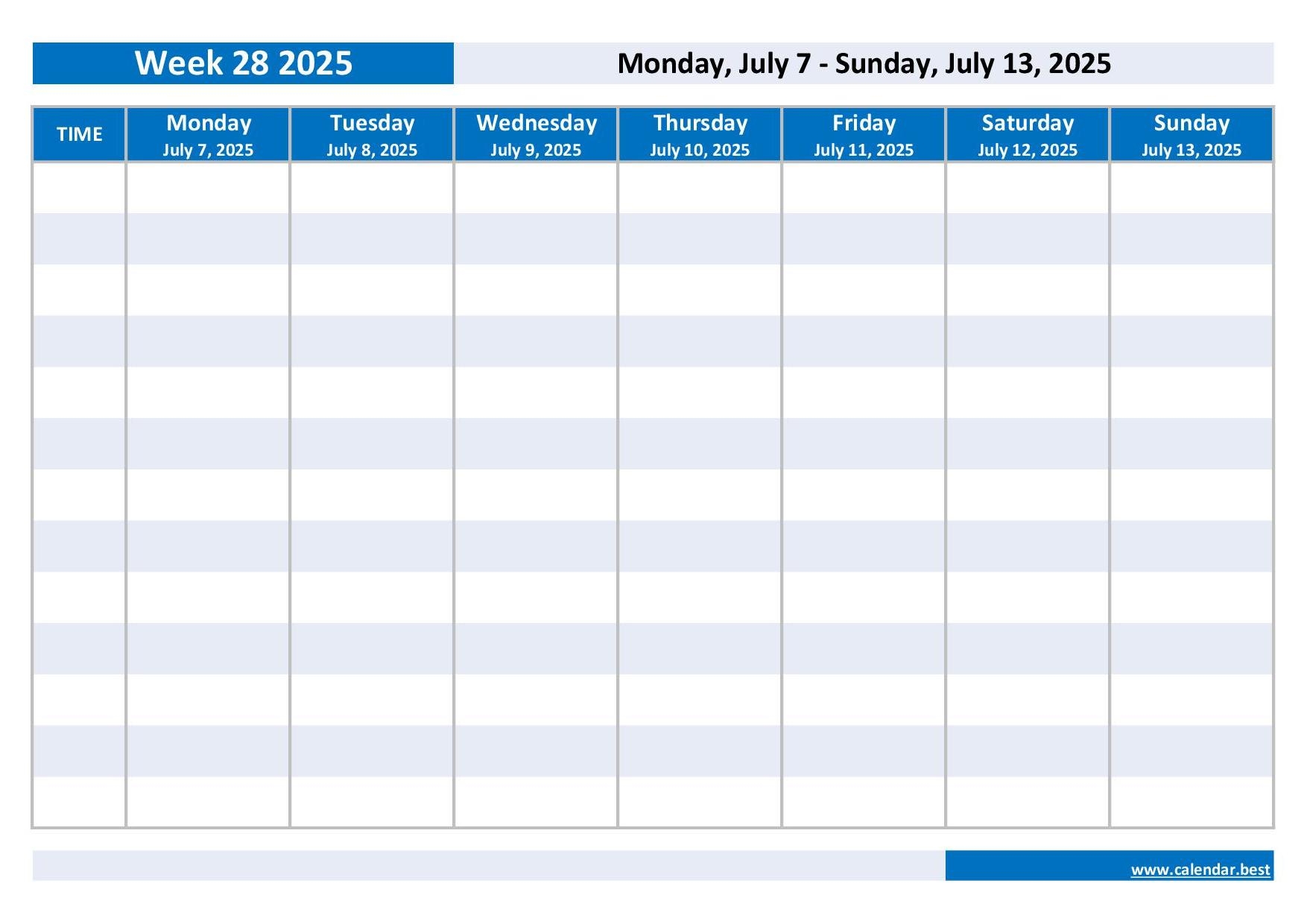 Week 28 2025 Dates Calendar And Weekly Schedule To Print