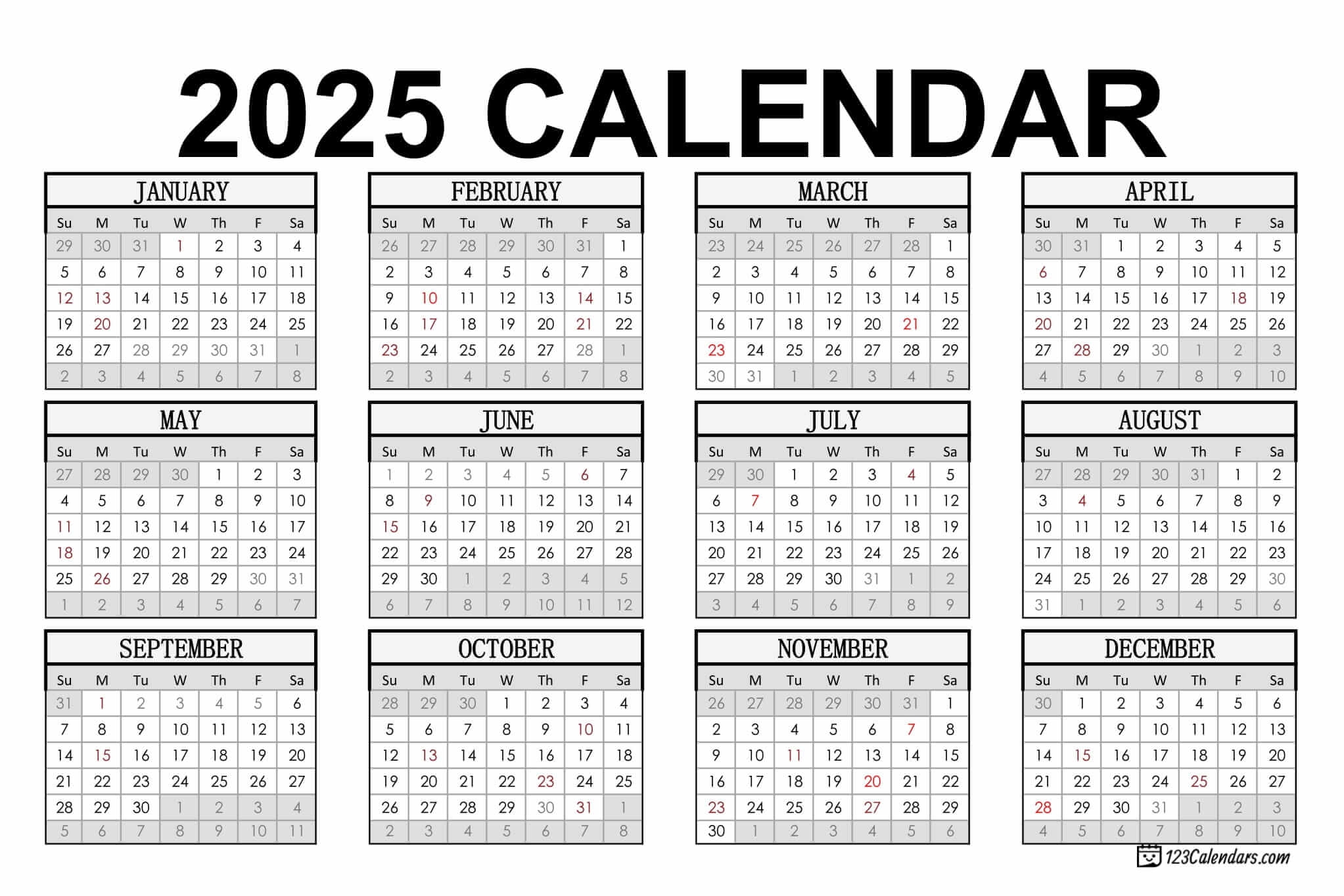 Free Printable Calendar 2025 With Large Numbers